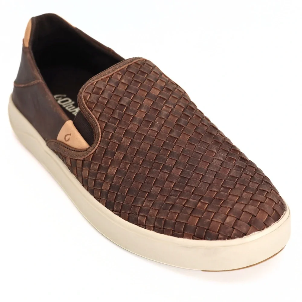OluKai Lae'ahi Lauhala Mens 10.5 Dark Java Woven Leather Slip On Shoes NWT